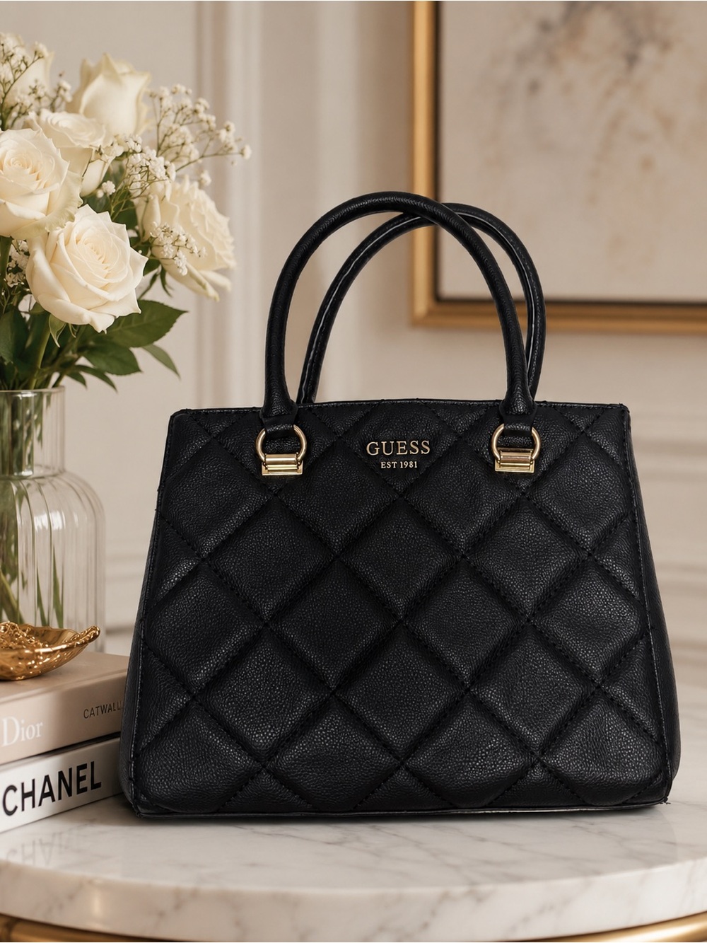 🖤 GUESS Black Quilted Faux Leather Handbag